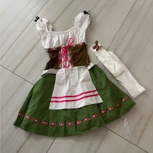 Traditional Green and White Dirndl Dress with Pink Accents